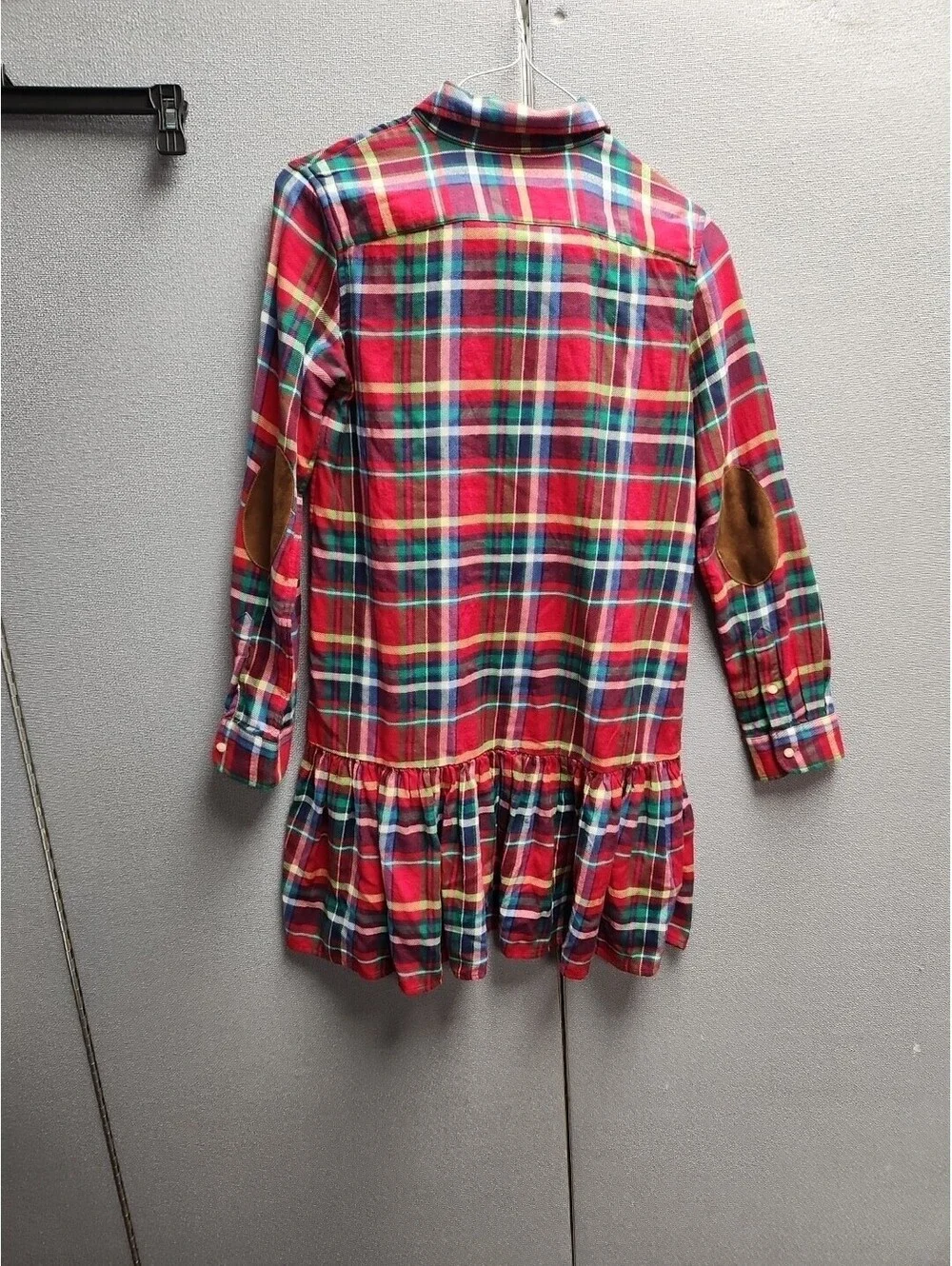 Polo Ralph Lauren Girls Flannel Red Plaid Shirt Dress Ruffel Hem Size 16